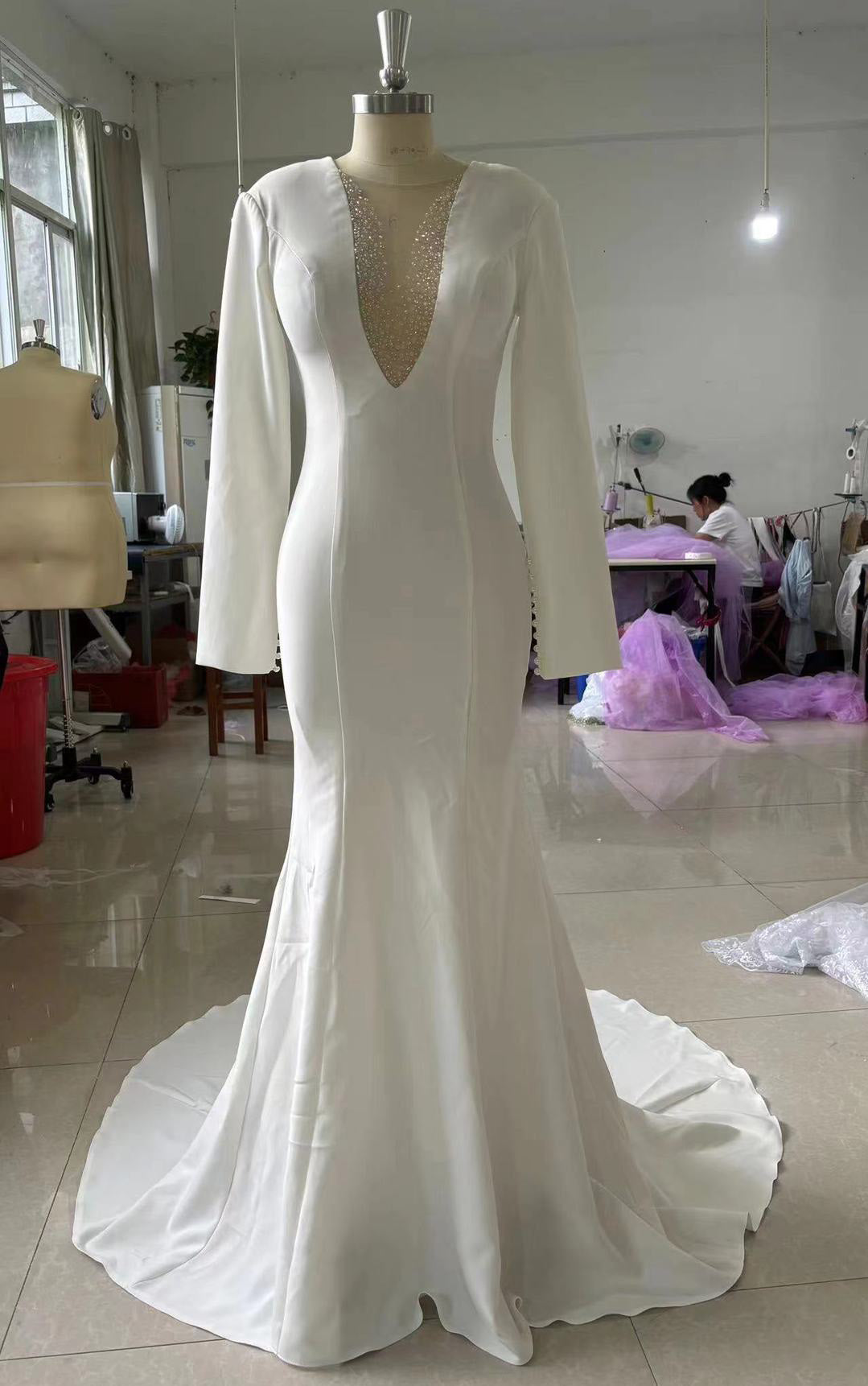 Wedding Dresses Vintage Long Crepe O-Neck Beaded With Sleeves Mermaid Sweep Train Bridal Gown EYM1248