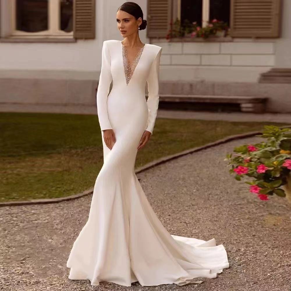 Wedding Dresses Vintage Long Crepe O-Neck Beaded With Sleeves Mermaid Sweep Train Bridal Gown EYM1248