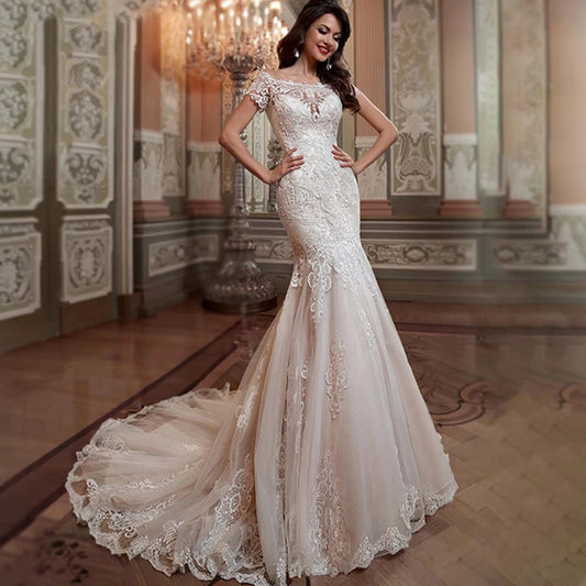 Elegant Mermaid Wedding Dresses Boat Neck Short Sleeve Lace Applique Bridal Gown EYM1250