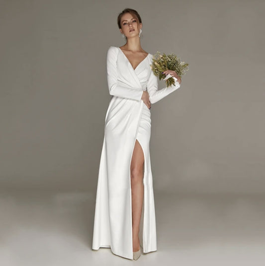 Elegant Wedding Dress V Neck Side Slit Bridal Gown For Bride Lawn Engagement Party Vestidos Novia EYM1288