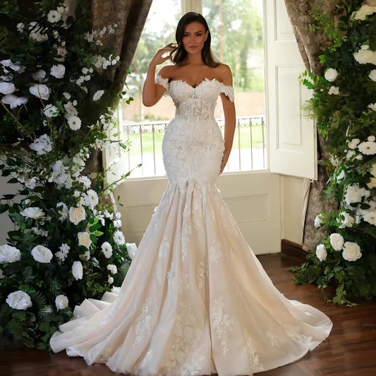 Mermaid Wedding Dresses Sweetheart Off Shoulder Embroidery Appliques Bridal Gown EYM1290