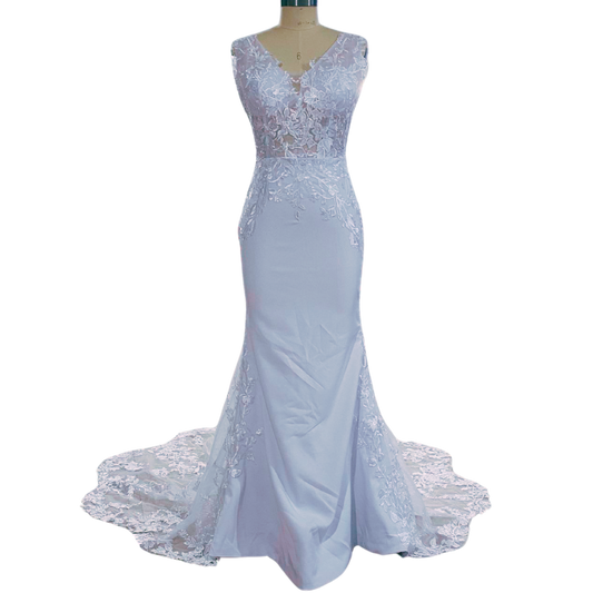 Spaghetti Strap Appliques Satin V Neck Mermaid Wedding Dress EYM5003