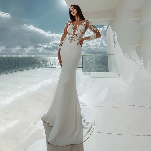 Elegant Mermaid Wedding Dresses Sexy Illusion Neck Lace Appliques Long Sleeve Bridal Gowns Beach Vestido De Noiva EYM5015