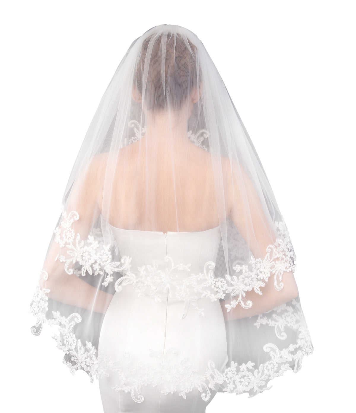 Two-tier Lace Applique Edge Wedding Veil Fingertip Veils with Appliques YAV1062