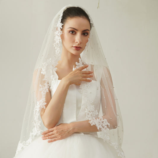 Lace Trim Faux Pearl Bridal Veil YAV1069