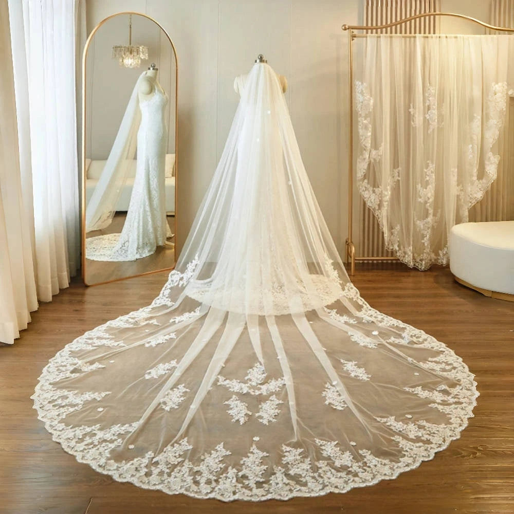 Bridal Veils Long Cathedral Lace Embroidered Patche Wedding Veil YAV1075