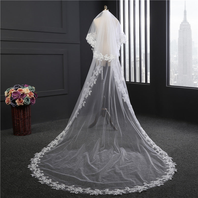 Cathedral Bridal Veils One-tier Lace Applique Edge Sequin Oval Veil YAV1084