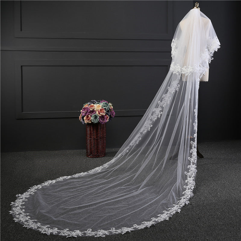 Cathedral Bridal Veils One-tier Lace Applique Edge Sequin Oval Veil YAV1084