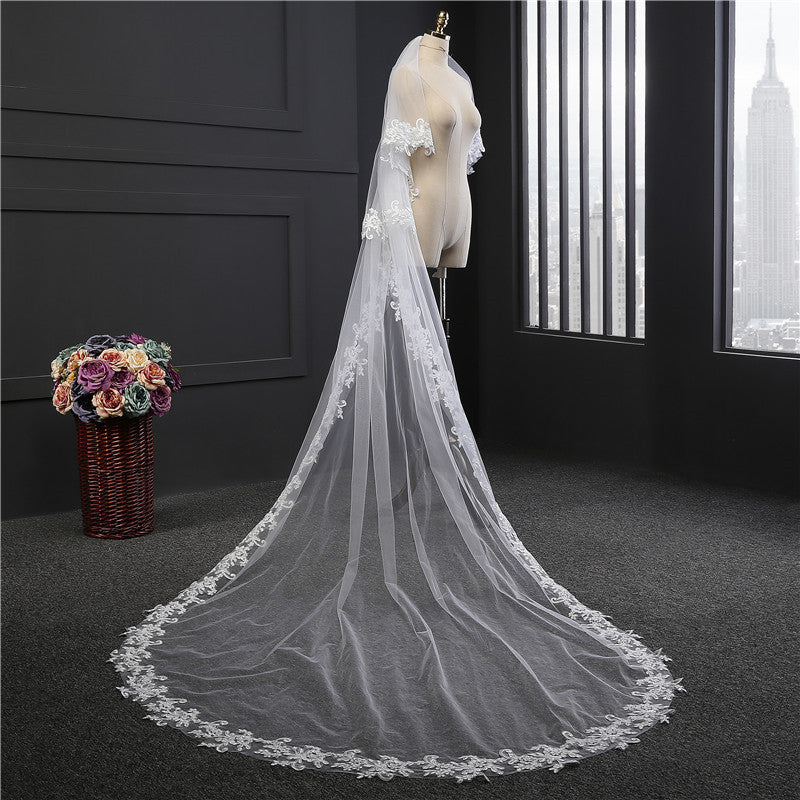 Cathedral Bridal Veils One-tier Lace Applique Edge Sequin Oval Veil YAV1084