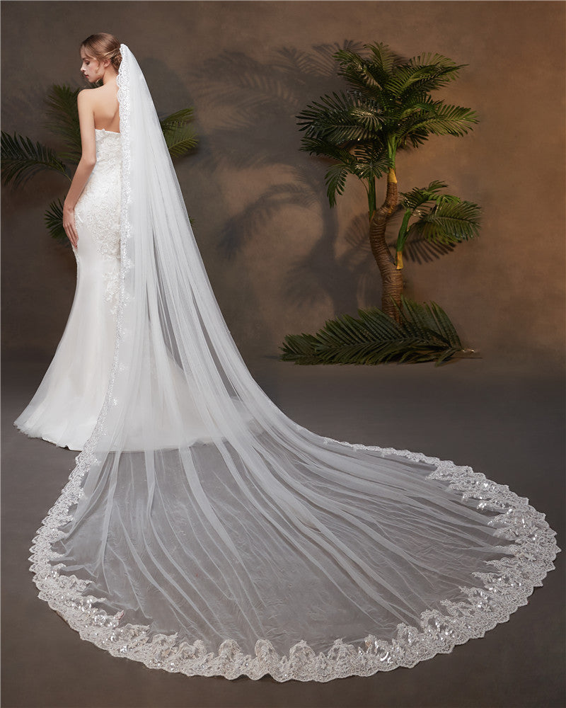 Cathedral Wedding Veils Long Lace Edge Bridal Veil with Comb YAV1090