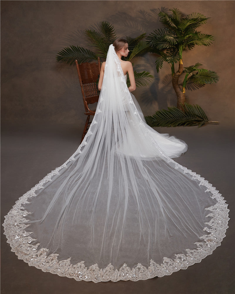 Cathedral Wedding Veils Long Lace Edge Bridal Veil with Comb YAV1090