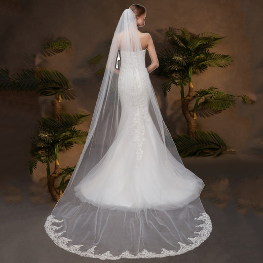 White Wedding Veils One Tier Tulle Finished Edge Classic Long Bridal Veil YAV1105