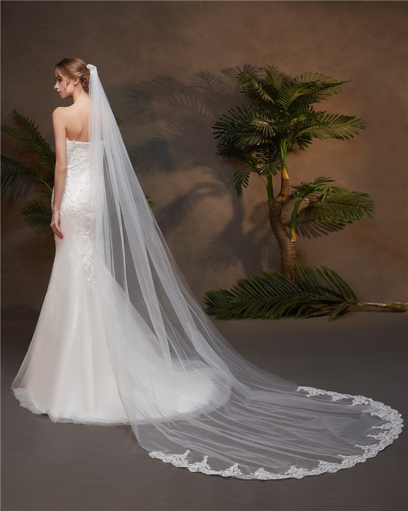 White Wedding Veils One Tier Tulle Finished Edge Classic Long Bridal Veil YAV1105